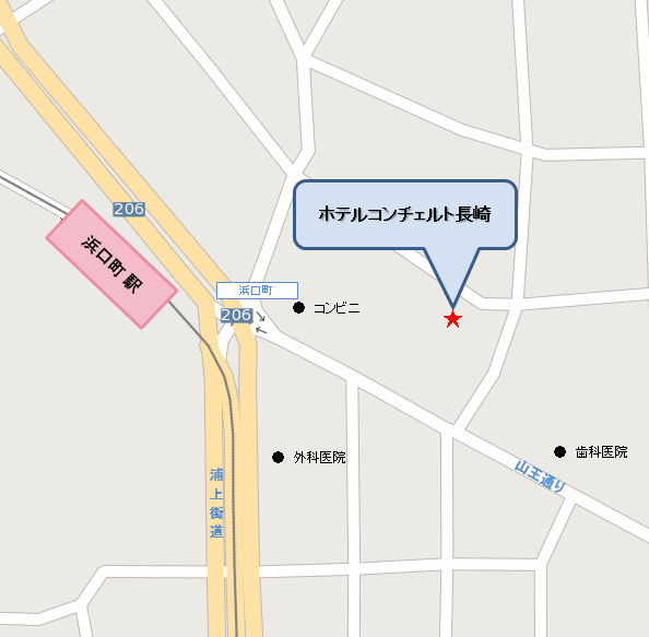 ホテルコンチェルト長崎への概略アクセスマップ