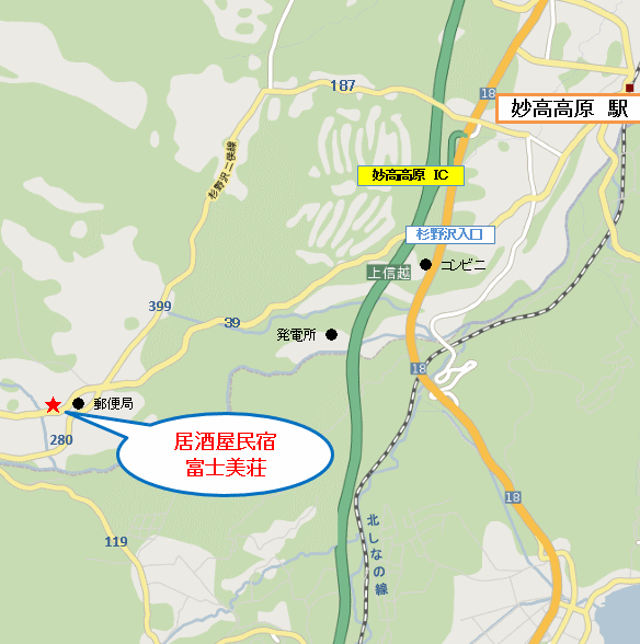 居酒屋民宿　富士美荘への概略アクセスマップ