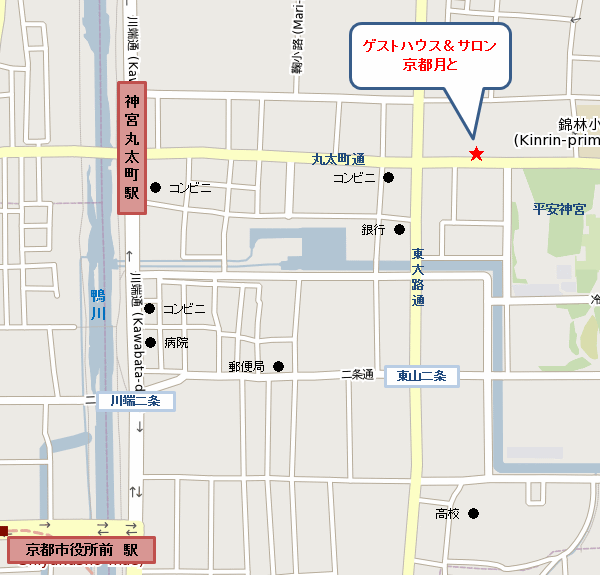 ゲストハウス＆サロン　京都月とへの概略アクセスマップ