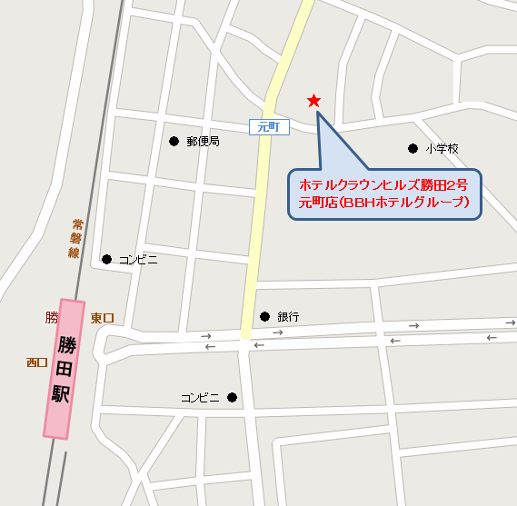 地図：ホテルクラウンヒルズ勝田２号元町店（ＢＢＨホテルグループ）