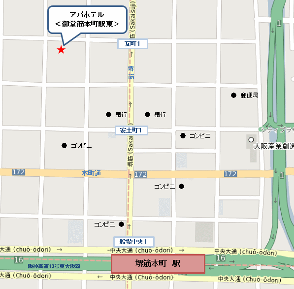 アパホテル〈御堂筋本町駅東〉（全室禁煙）への概略アクセスマップ