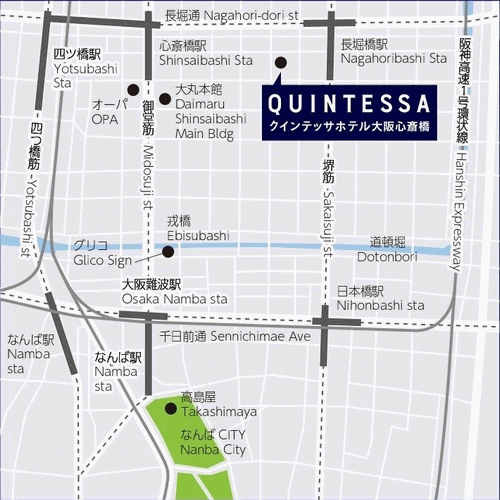 クインテッサホテル大阪心斎橋　Ｃｏｍｉｃ＆Ｂｏｏｋｓへの概略アクセスマップ