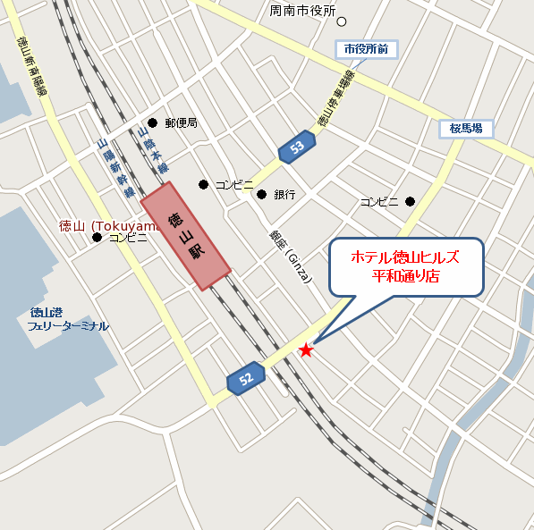 ホテル徳山ヒルズ　平和通り店（ＢＢＨホテルグループ）への概略アクセスマップ
