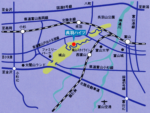 呉羽ハイツへの概略アクセスマップ