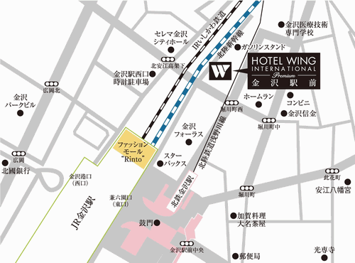 ホテルウィングインターナショナルプレミアム金沢駅前への概略アクセスマップ