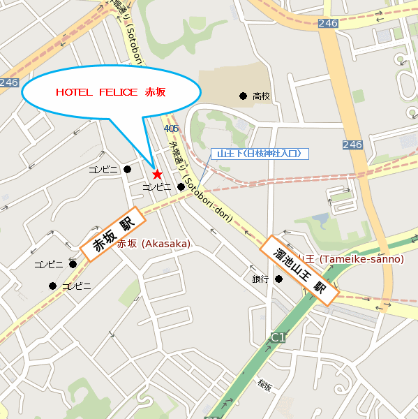 ホテルヒラリーズ赤坂への概略アクセスマップ
