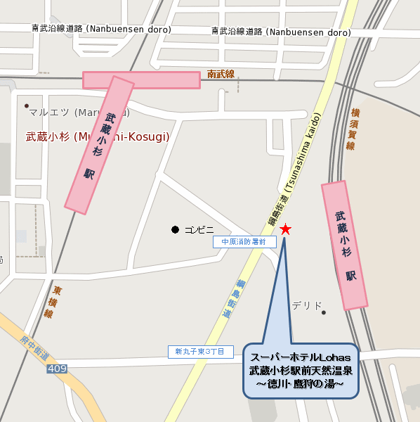 天然温泉　徳川・鷹狩の湯　スーパーホテルＰｒｅｍｉｅｒ武蔵小杉駅前への概略アクセスマップ