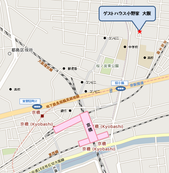 ゲストハウス小野家　大阪への概略アクセスマップ