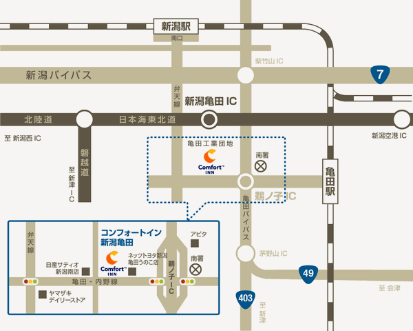コンフォートイン新潟亀田への概略アクセスマップ