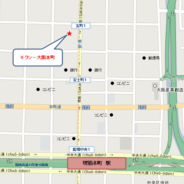 モクシー大阪本町（マリオットグループ）への概略アクセスマップ