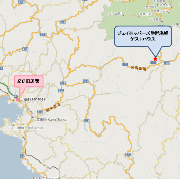 ジェイホッパーズ熊野湯峰ゲストハウスへの概略アクセスマップ