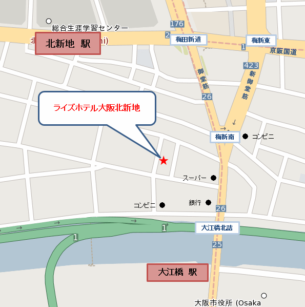 地図：ライズホテル大阪北新地