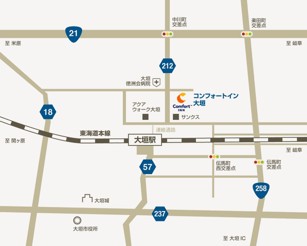 コンフォートイン大垣への概略アクセスマップ