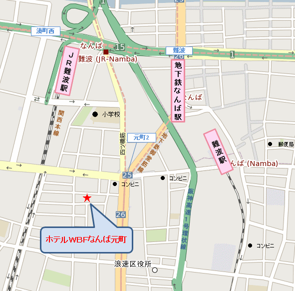ホテルＷＢＦなんば元町への概略アクセスマップ