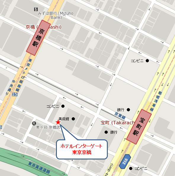 ホテルインターゲート東京京橋への概略アクセスマップ