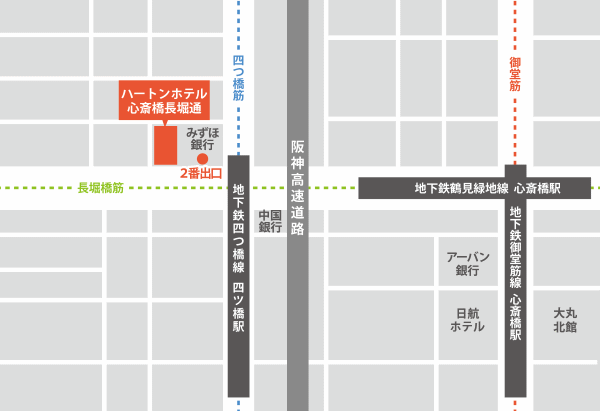 ハートンホテル心斎橋長堀通への概略アクセスマップ