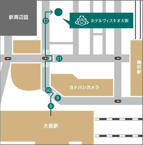 ホテルヴィスキオ大阪ｂｙＧＲＡＮＶＩＡへの概略アクセスマップ