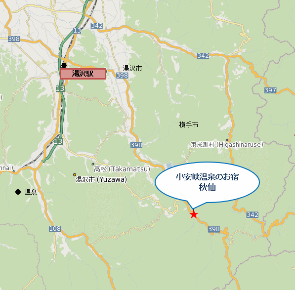小安峡温泉のお宿　秋仙への概略アクセスマップ