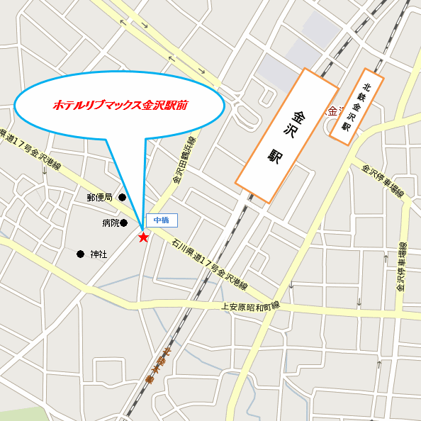ホテルリブマックス金沢駅前への概略アクセスマップ