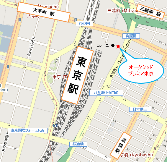 オークウッドプレミア東京への概略アクセスマップ