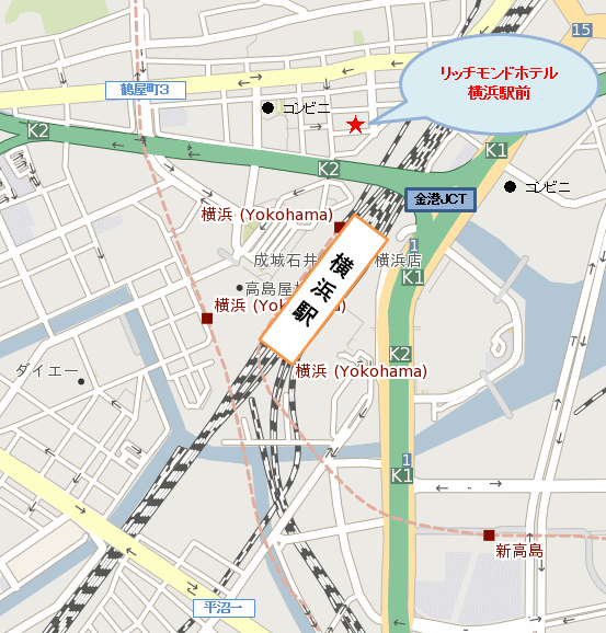 リッチモンドホテル横浜駅前への概略アクセスマップ
