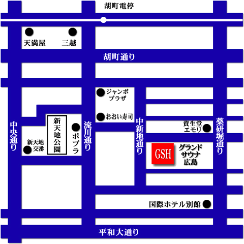 グランドサウナ広島への概略アクセスマップ
