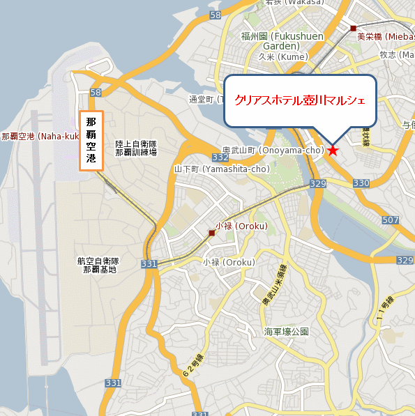 クリアスホテル壺川マルシェへの概略アクセスマップ