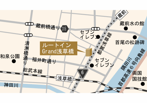 ホテルルートインＧｒａｎｄ東京浅草橋への概略アクセスマップ