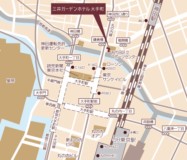 三井ガーデンホテル大手町への概略アクセスマップ