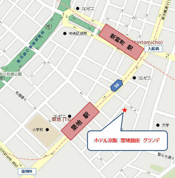 ホテル京阪　築地銀座　グランデへの概略アクセスマップ