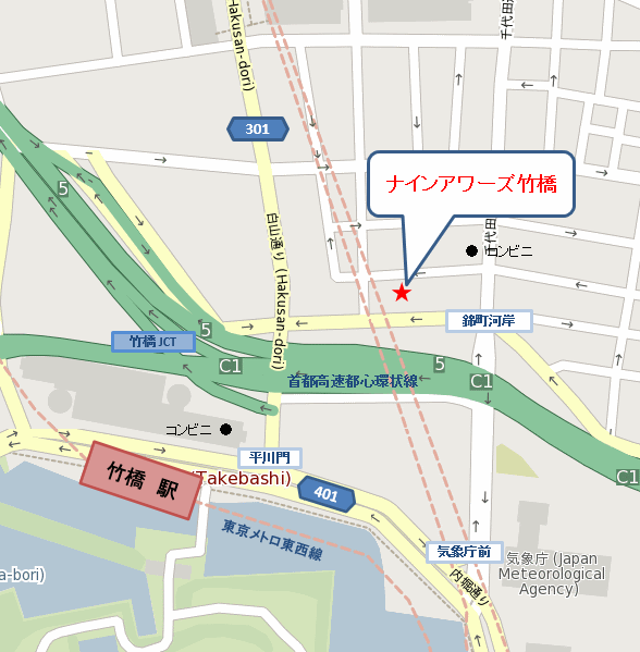 ナインアワーズ大手町（旧：ナインアワーズ竹橋）への概略アクセスマップ