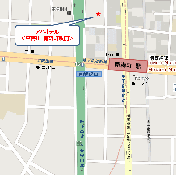 アパホテル〈東梅田　南森町駅前〉への概略アクセスマップ