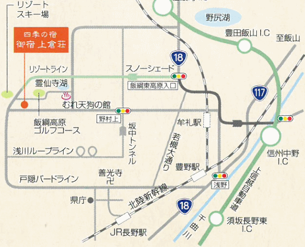 四季の宿　御宿　上倉荘への概略アクセスマップ