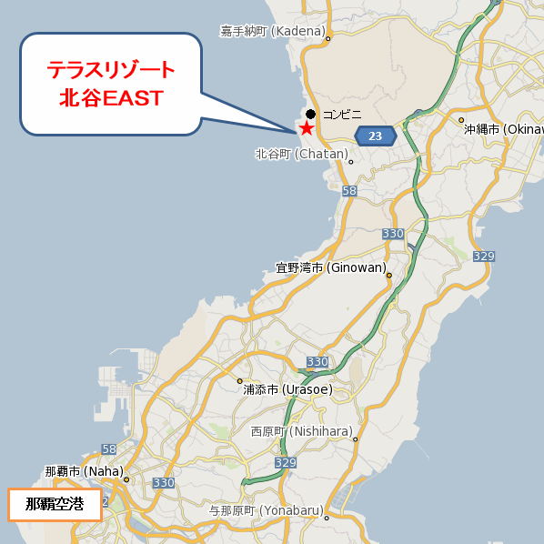 マンゴーリゾート沖縄北谷への概略アクセスマップ