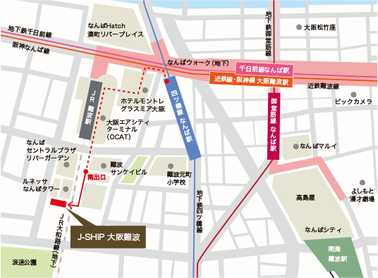 キャビン＆カプセルホテル　Ｊ－ＳＨＩＰ大阪難波への概略アクセスマップ