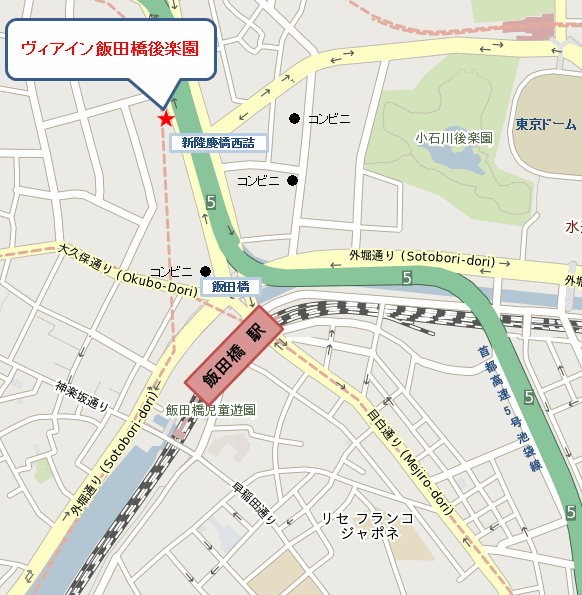 ヴィアイン飯田橋後楽園（ＪＲ西日本グループ）への概略アクセスマップ
