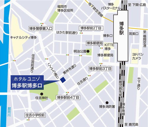 ホテルユニゾ博多駅博多口への概略アクセスマップ