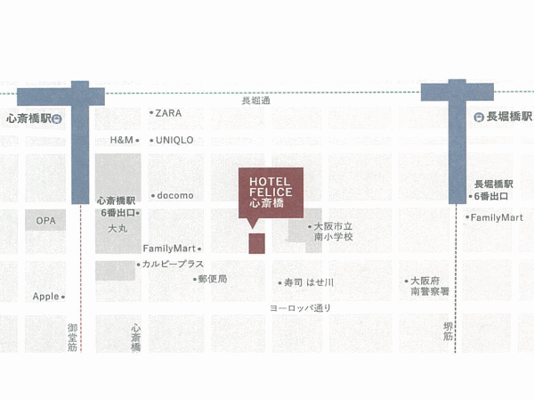 ホテルヒラリーズ心斎橋への概略アクセスマップ