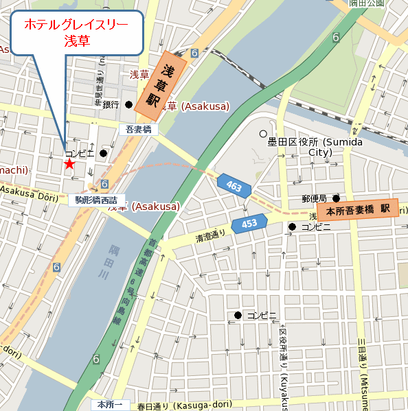 ホテルグレイスリー浅草への概略アクセスマップ