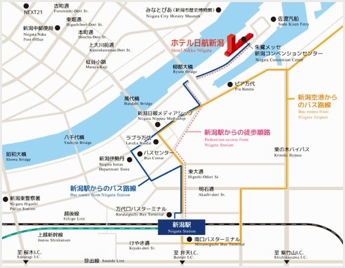 ホテル日航新潟への概略アクセスマップ