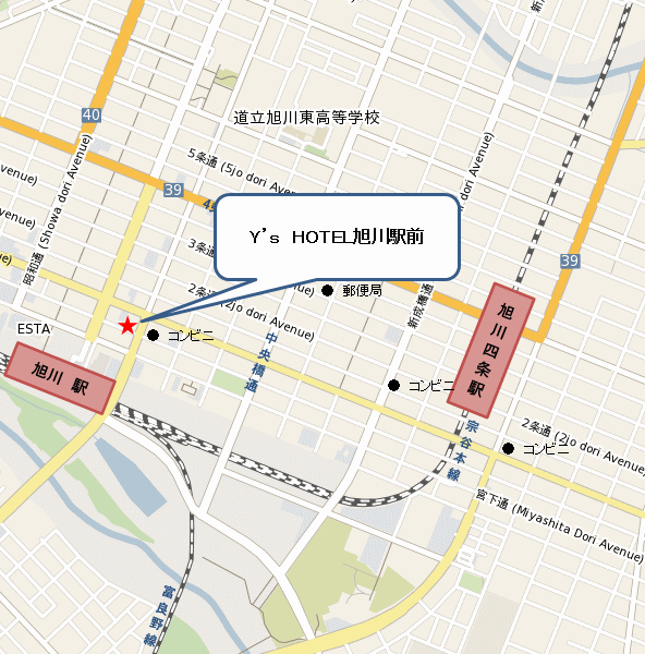 ワイズホテル　旭川駅前への概略アクセスマップ