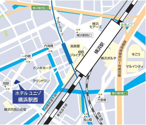 ホテルユニゾ横浜駅西への概略アクセスマップ