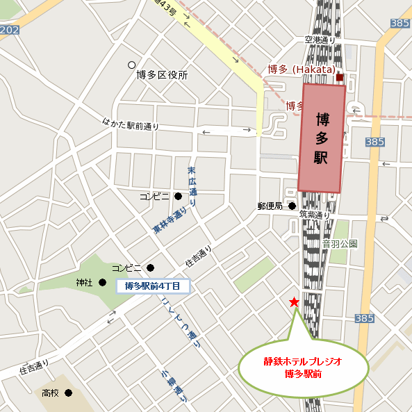 静鉄ホテルプレジオ博多駅前への概略アクセスマップ