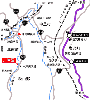 逆巻温泉　川津屋への概略アクセスマップ