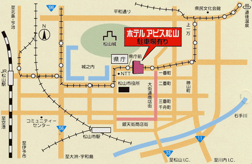 県庁前　ホテルアビス松山への概略アクセスマップ
