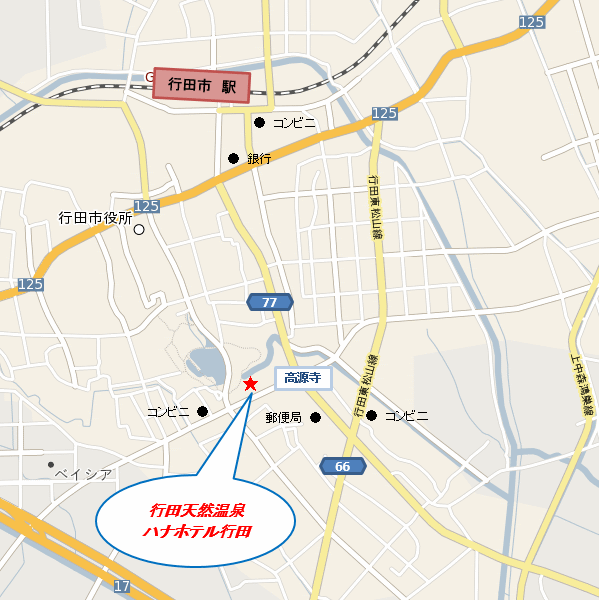 行田天然温泉　ハナホテル行田への概略アクセスマップ