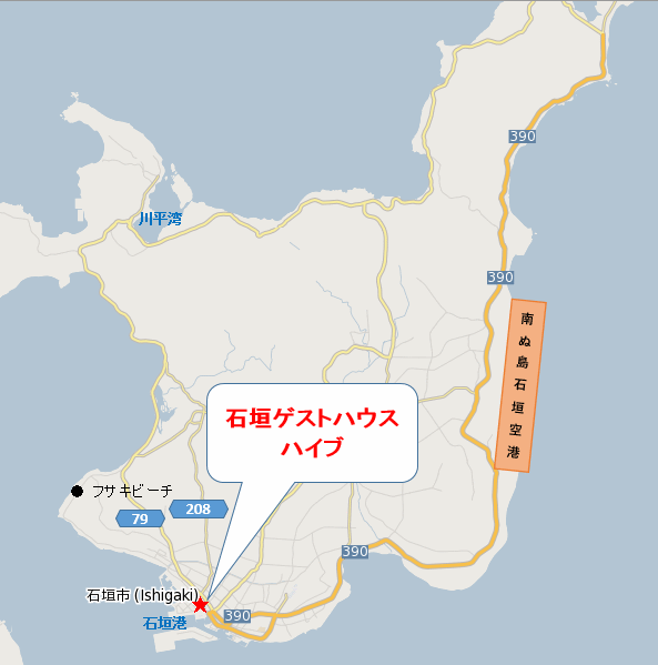 石垣ゲストハウスハイブ　＜石垣島＞への概略アクセスマップ