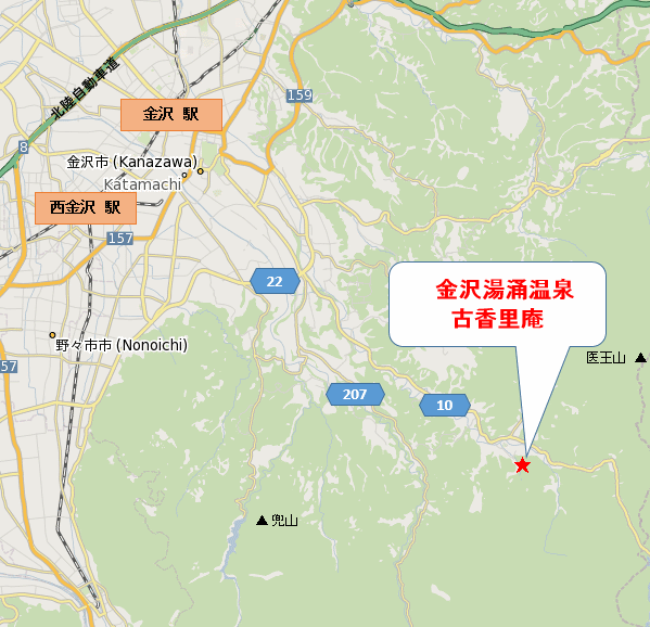 金沢湯涌温泉　古香里庵への概略アクセスマップ