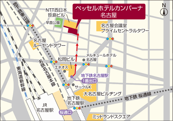 ベッセルホテルカンパーナ名古屋　サウナ付大浴場（名古屋駅桜通口）への概略アクセスマップ
