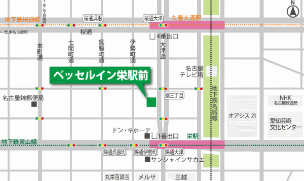 ベッセルイン栄駅前（名古屋・栄）への概略アクセスマップ